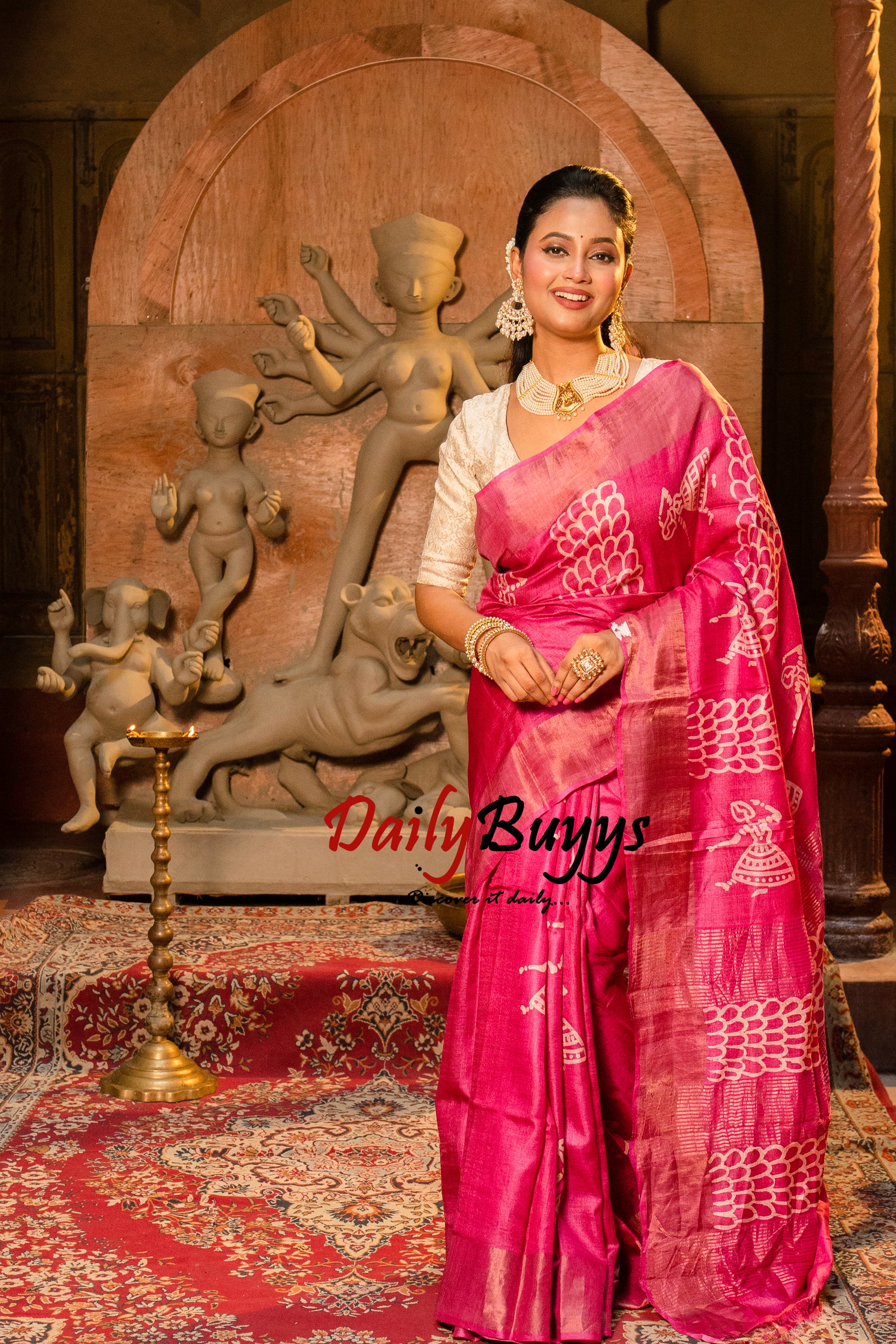 Dancing Doll Pink Block Printed Pure Silk Mark Certified Tussar Silk Sarees - Dailybuyys