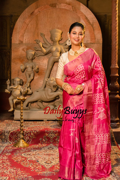 Dancing Doll Pink Block Printed Pure Silk Mark Certified Tussar Silk Sarees - Dailybuyys