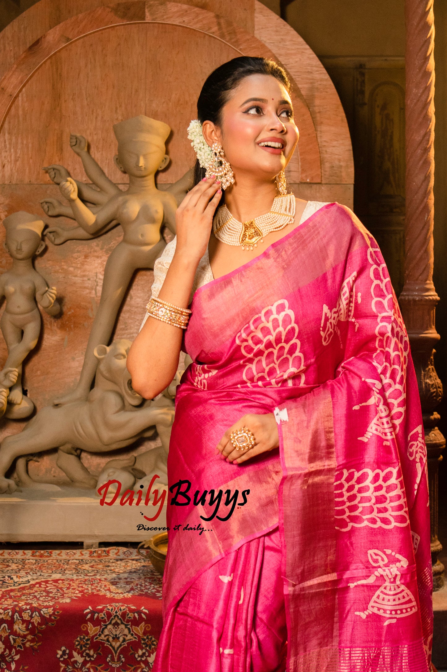 Dancing Doll Pink Block Printed Pure Silk Mark Certified Tussar Silk Sarees - Dailybuyys