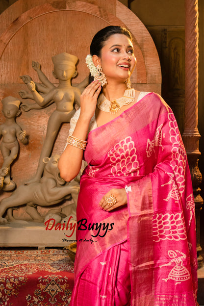 Dancing Doll Pink Block Printed Pure Silk Mark Certified Tussar Silk Sarees - Dailybuyys