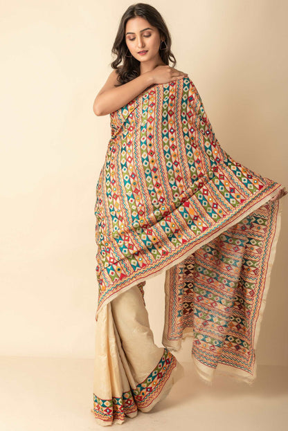 Beige MultiColour Hand Embroidery Kantha Stitch Sarees on Pure Gachi Pure Silk Mark Certified Tussar