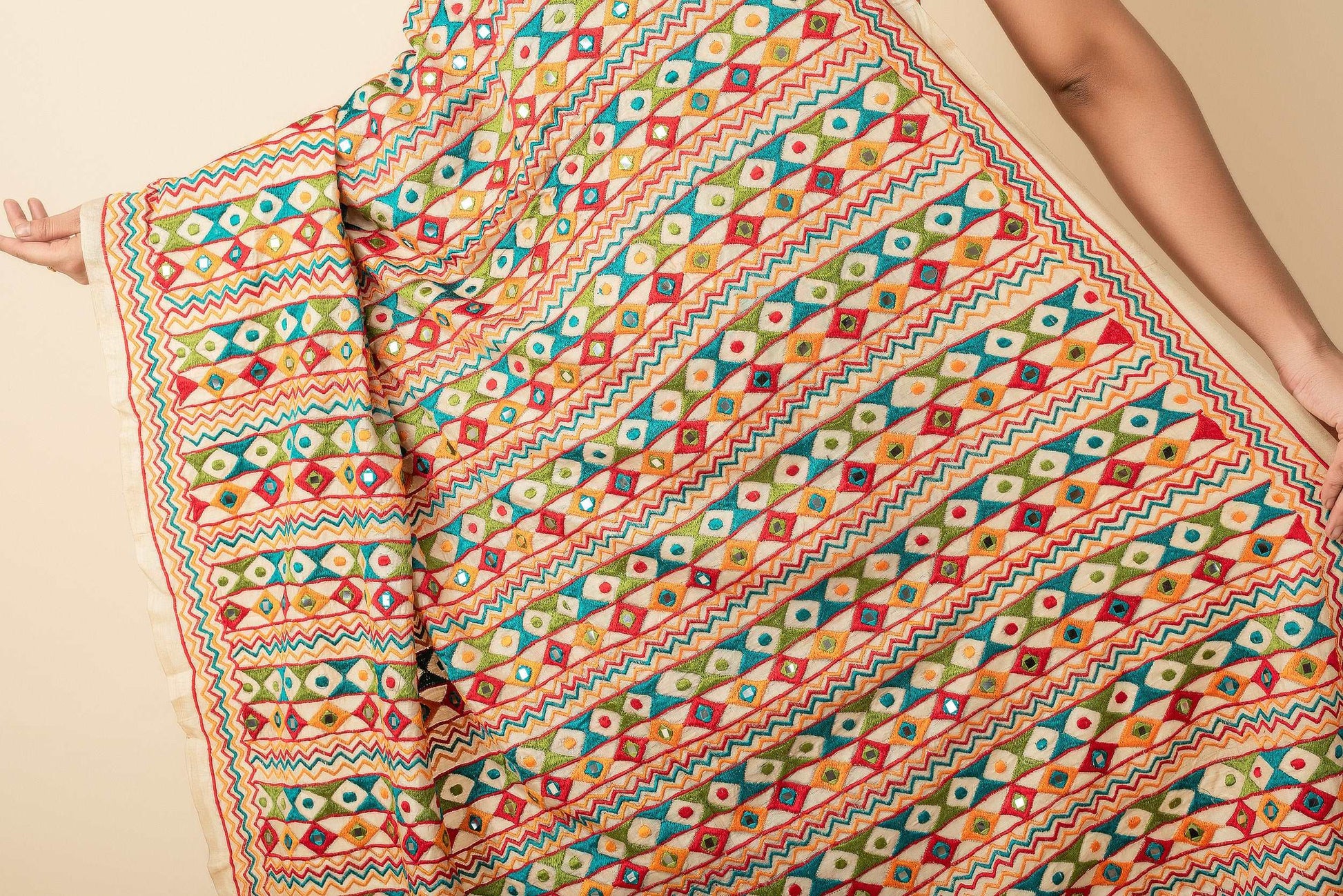 Beige MultiColour Hand Embroidery Kantha Stitch Sarees on Pure Gachi Pure Silk Mark Certified Tussar