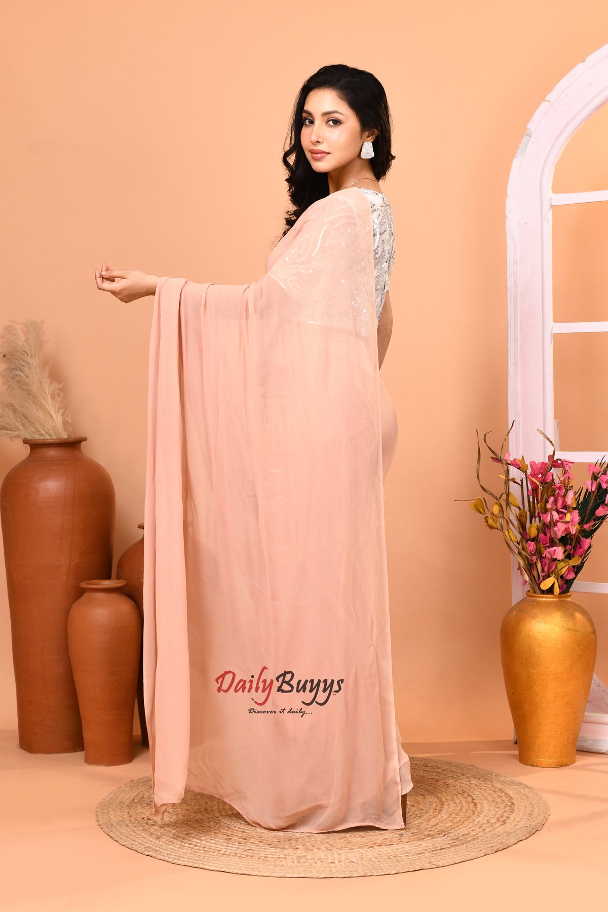Predrapped  Peach Georgette Saree with Designer Blouse