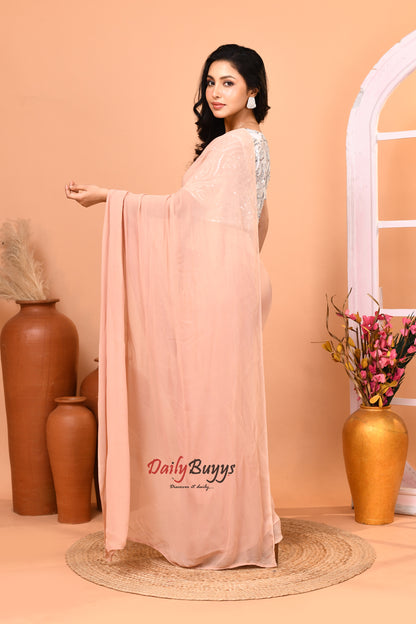 Predrapped  Peach Georgette Saree with Designer Blouse