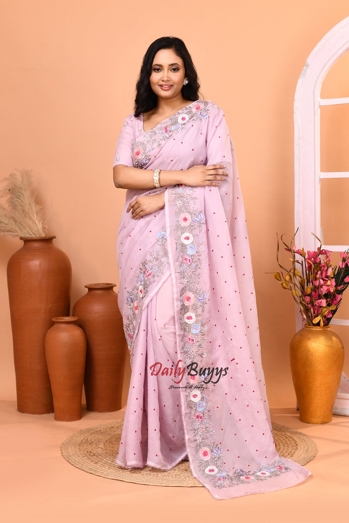 Lilac Floral Hand Embroidered Viscose Organza Saree Set with Designer Blouse