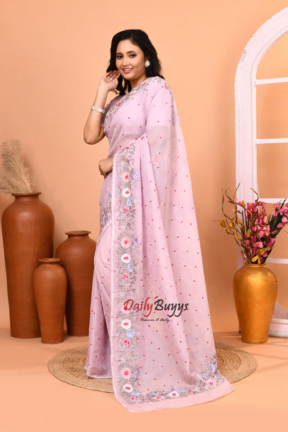 Lilac Floral Hand Embroidered Viscose Organza Saree Set with Designer Blouse