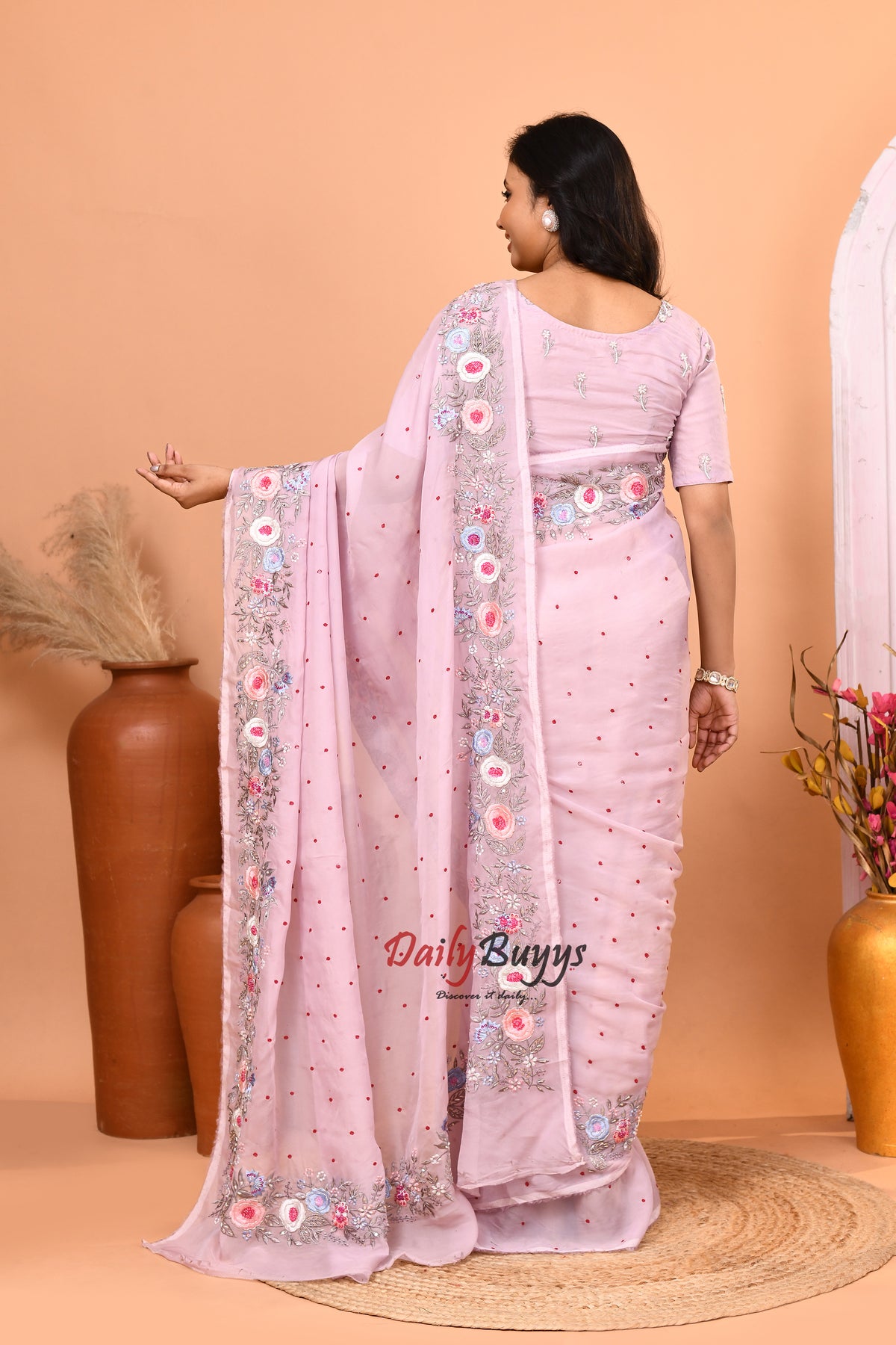 Lilac Floral Hand Embroidered Viscose Organza Saree Set with Designer Blouse