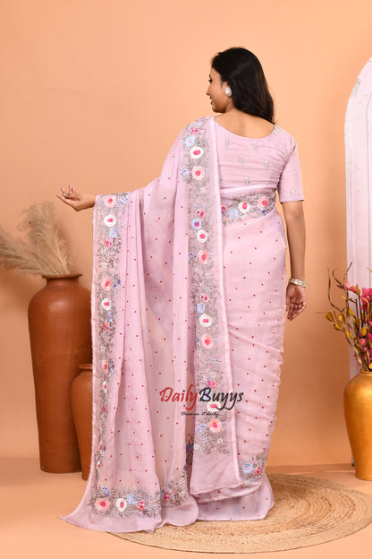 Lilac Floral Hand Embroidered Viscose Organza Saree Set with Designer Blouse
