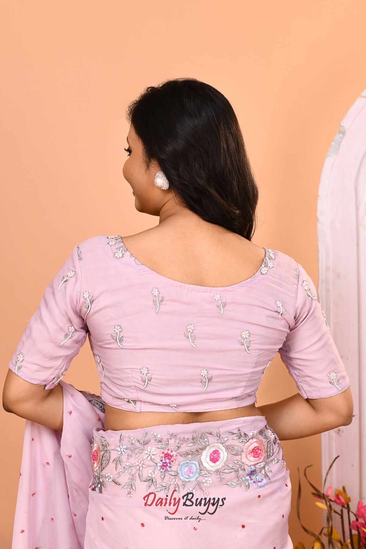 Lilac Floral Hand Embroidered Viscose Organza Saree Set with Designer Blouse