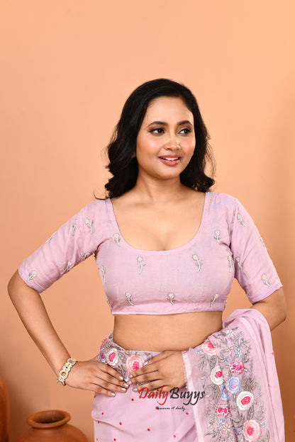 Lilac Floral Hand Embroidered Viscose Organza Saree Set with Designer Blouse