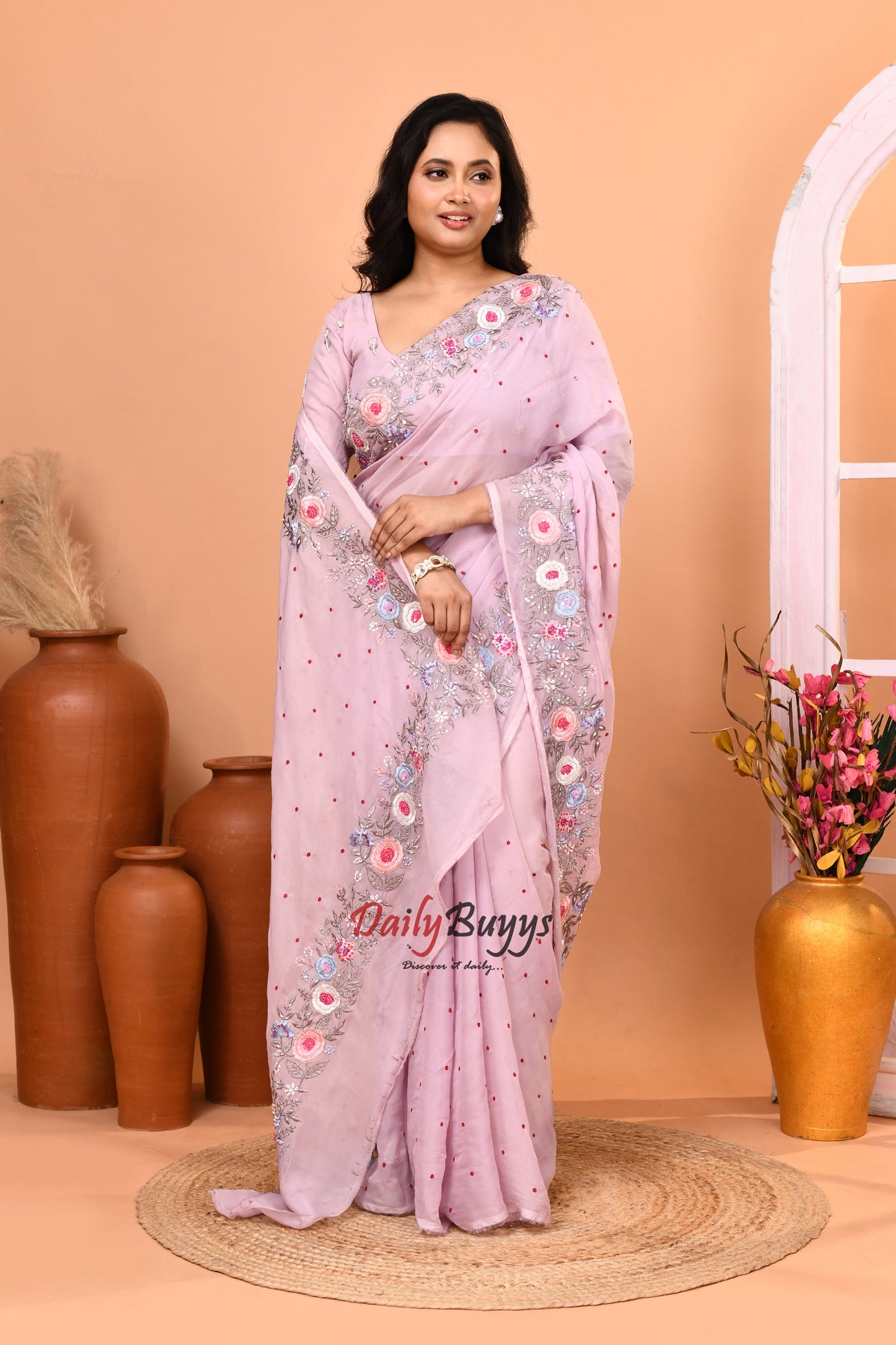 Lilac Floral Hand Embroidered Viscose Organza Saree Set with Designer Blouse