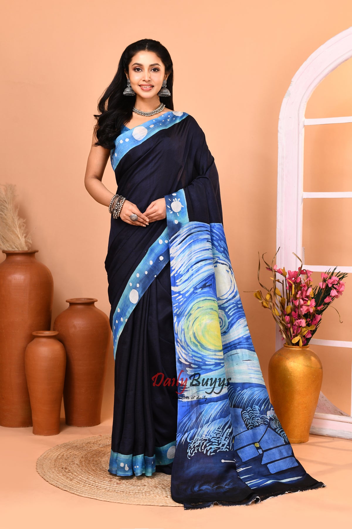 Starry Night Black Batik Hand Painted  Silk Mark Certified Bishnupuri Silk Sarees