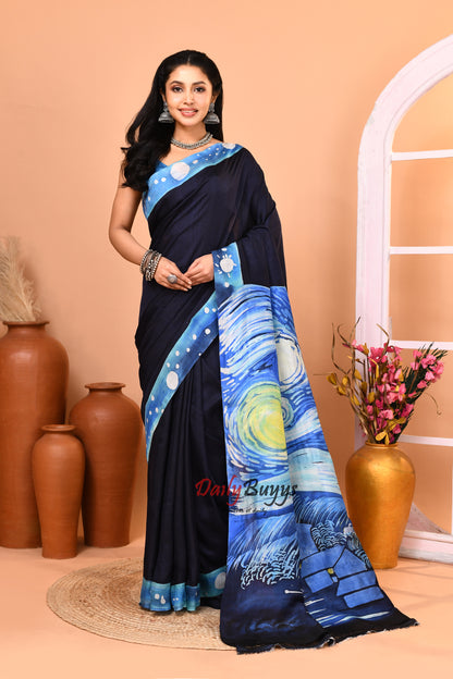 Starry Night Black Batik Hand Painted  Silk Mark Certified Bishnupuri Silk Sarees