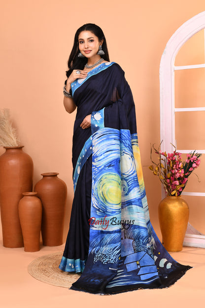 Starry Night Black Batik Hand Painted  Silk Mark Certified Bishnupuri Silk Sarees