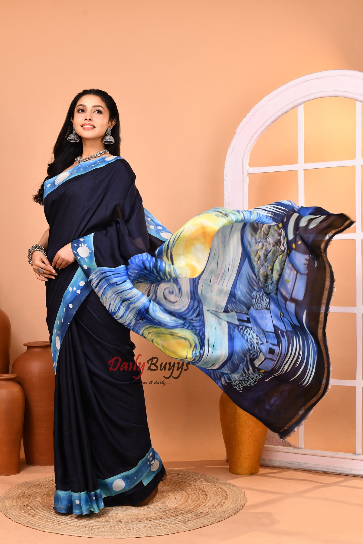 Starry Night Black Batik Hand Painted  Silk Mark Certified Bishnupuri Silk Sarees