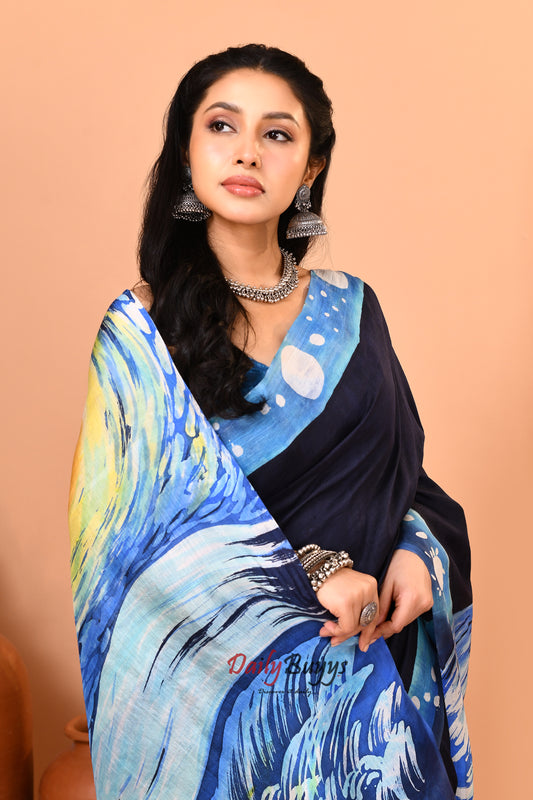 Starry Night Black Batik Hand Painted  Silk Mark Certified Bishnupuri Silk Sarees