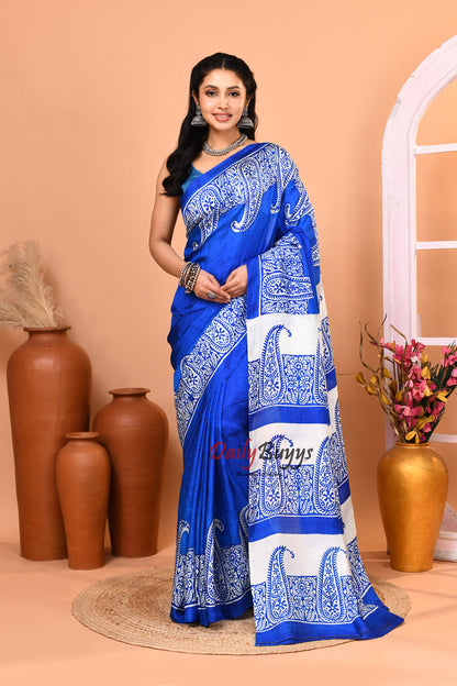 Blue Block Printed Silk Mark Certified Pure Bishnupuri  Silk Sarees