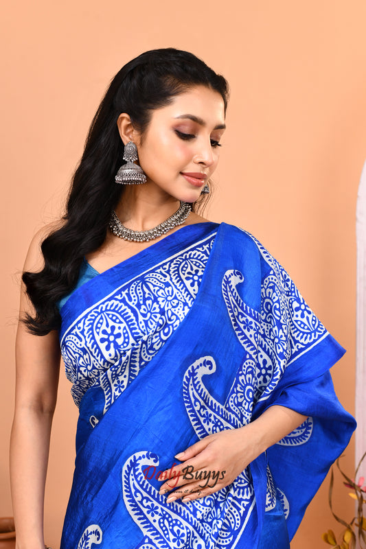 Blue Block Printed Silk Mark Certified Pure Bishnupuri  Silk Sarees