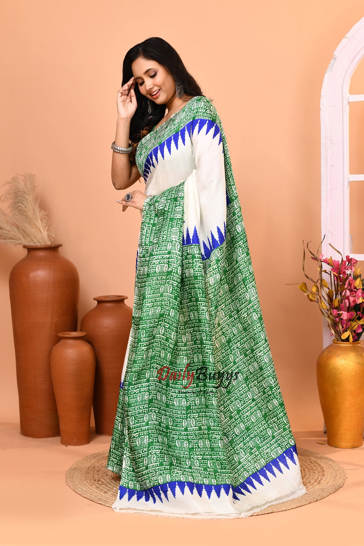 Green Block Printed Silk Mark Certified Pure Bishnupuri  Silk Sarees