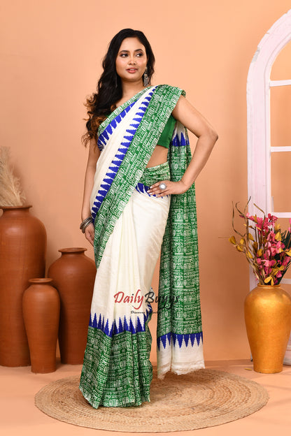 Green Block Printed Silk Mark Certified Pure Bishnupuri  Silk Sarees