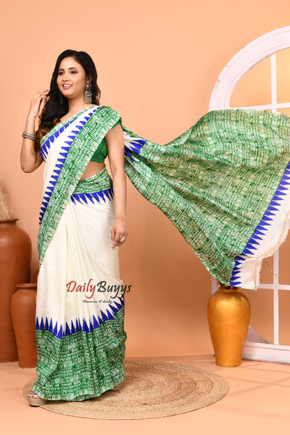 Green Block Printed Silk Mark Certified Pure Bishnupuri  Silk Sarees