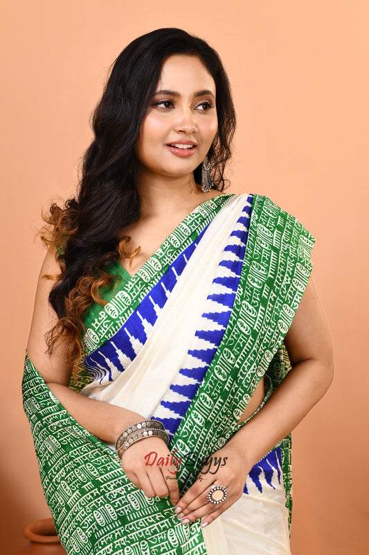 Green Block Printed Silk Mark Certified Pure Bishnupuri  Silk Sarees