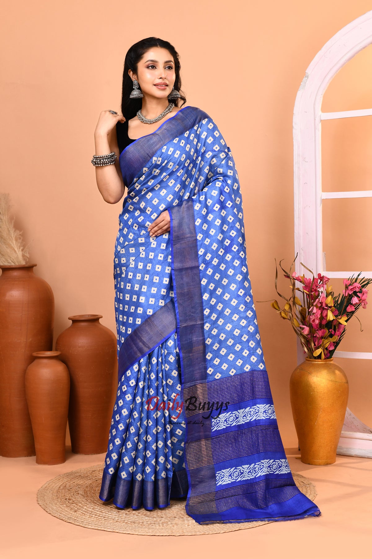 Blue Block Printed Silk Mark Certified Tussar Silk Sarees