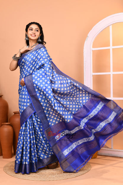 Blue Block Printed Silk Mark Certified Tussar Silk Sarees