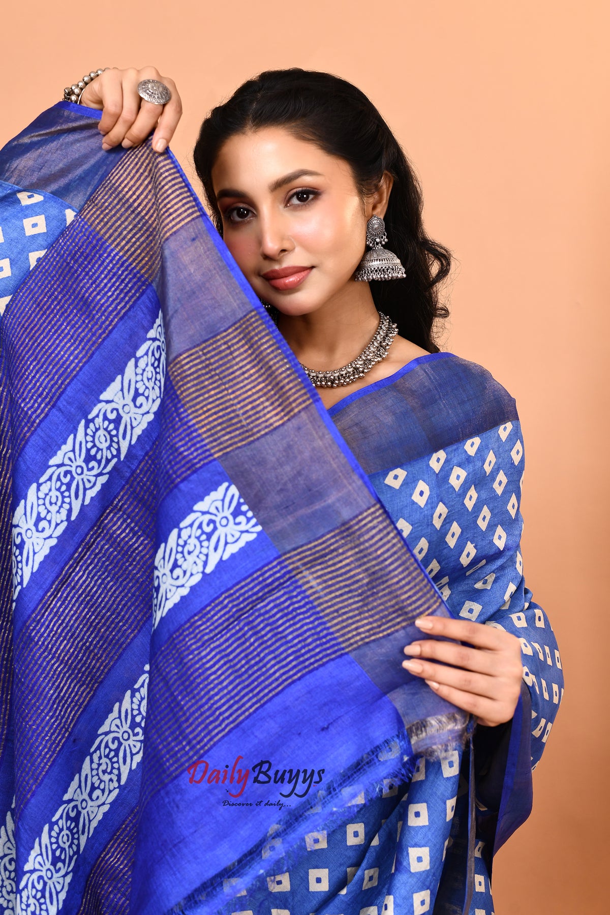 Blue Block Printed Silk Mark Certified Tussar Silk Sarees
