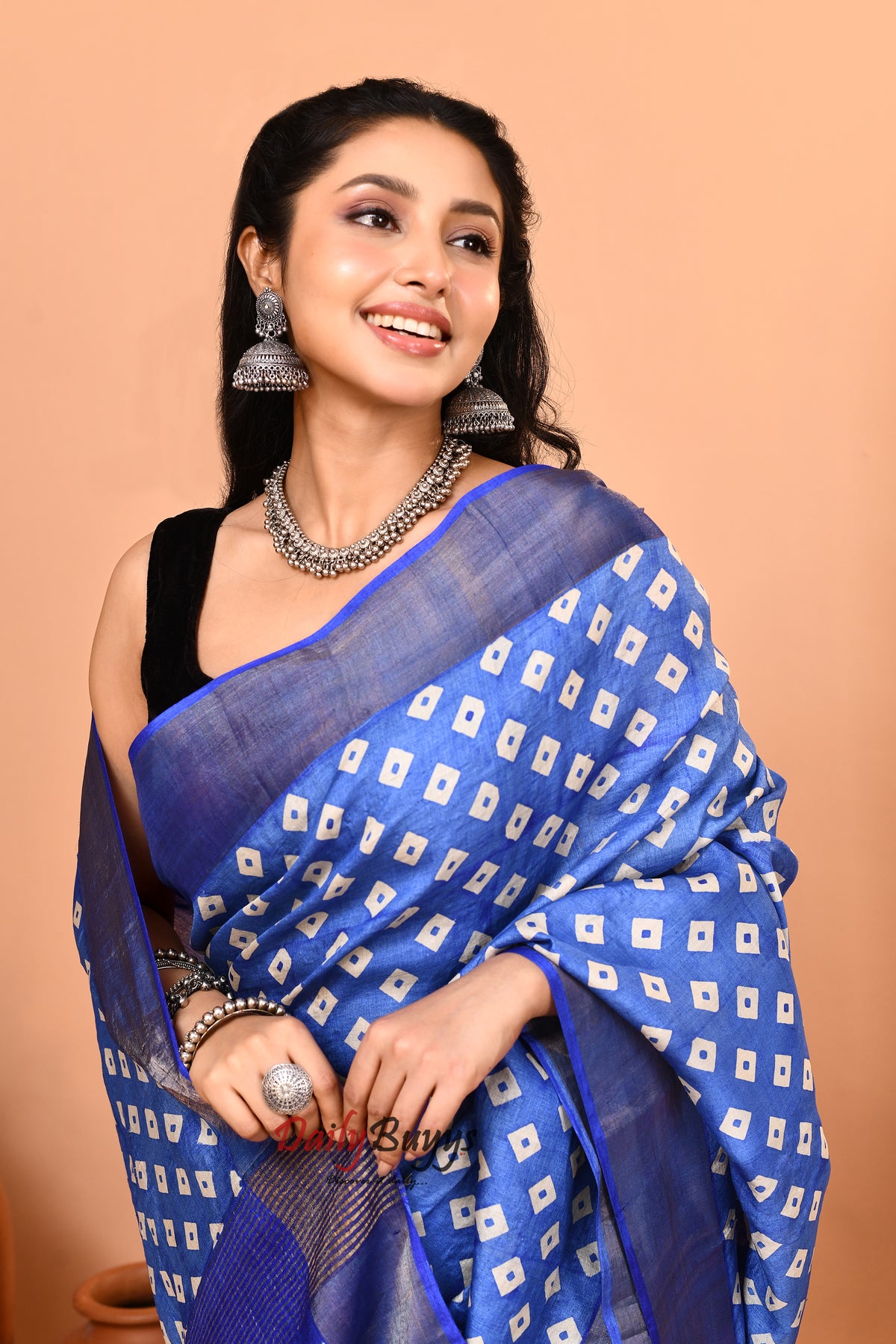Blue Block Printed Silk Mark Certified Tussar Silk Sarees