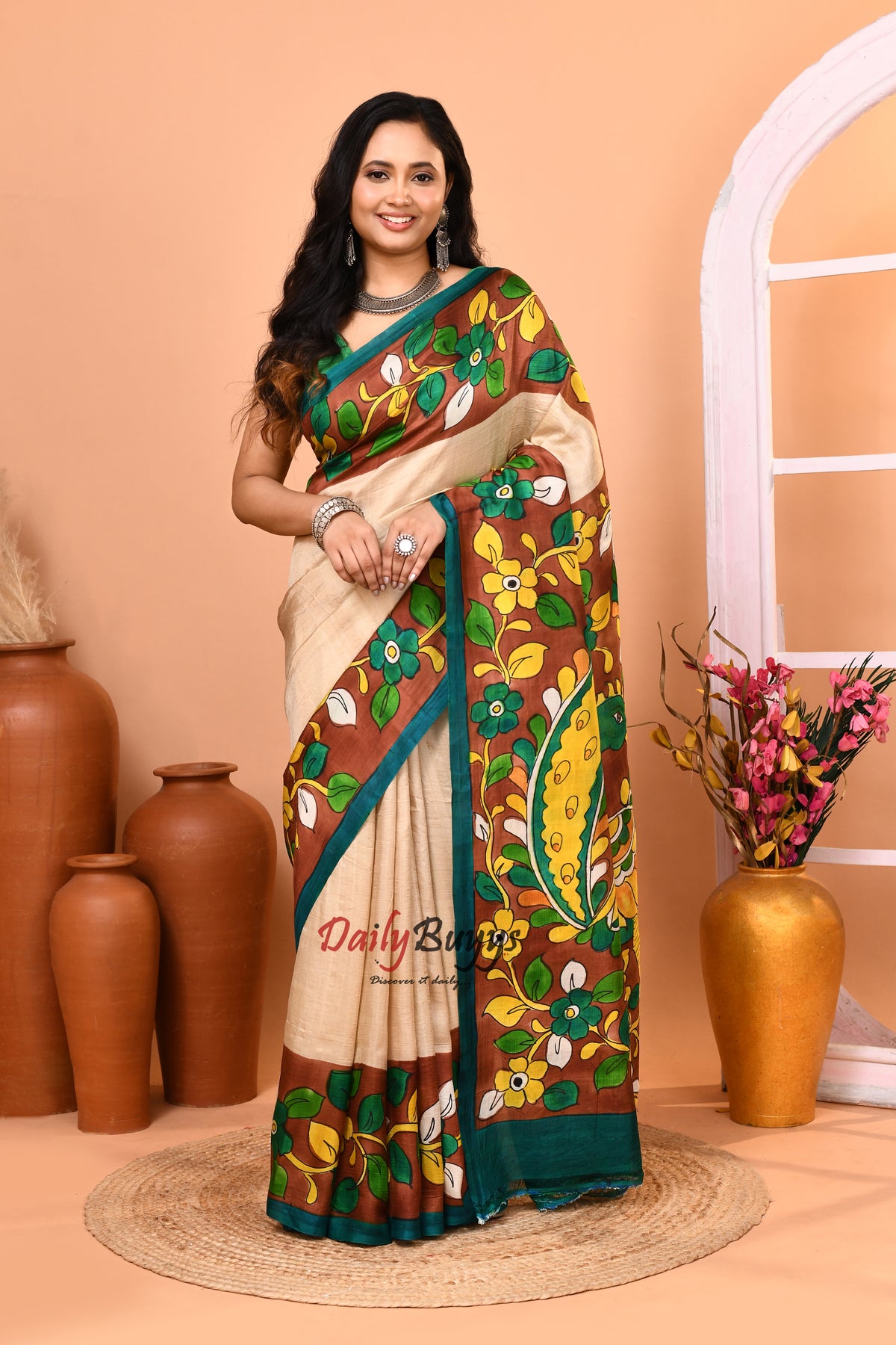 Beige Hand Pinted Kalamkari Design Pure Silk Mark Certified Kalamkari Bishnupuri Silk Sarees