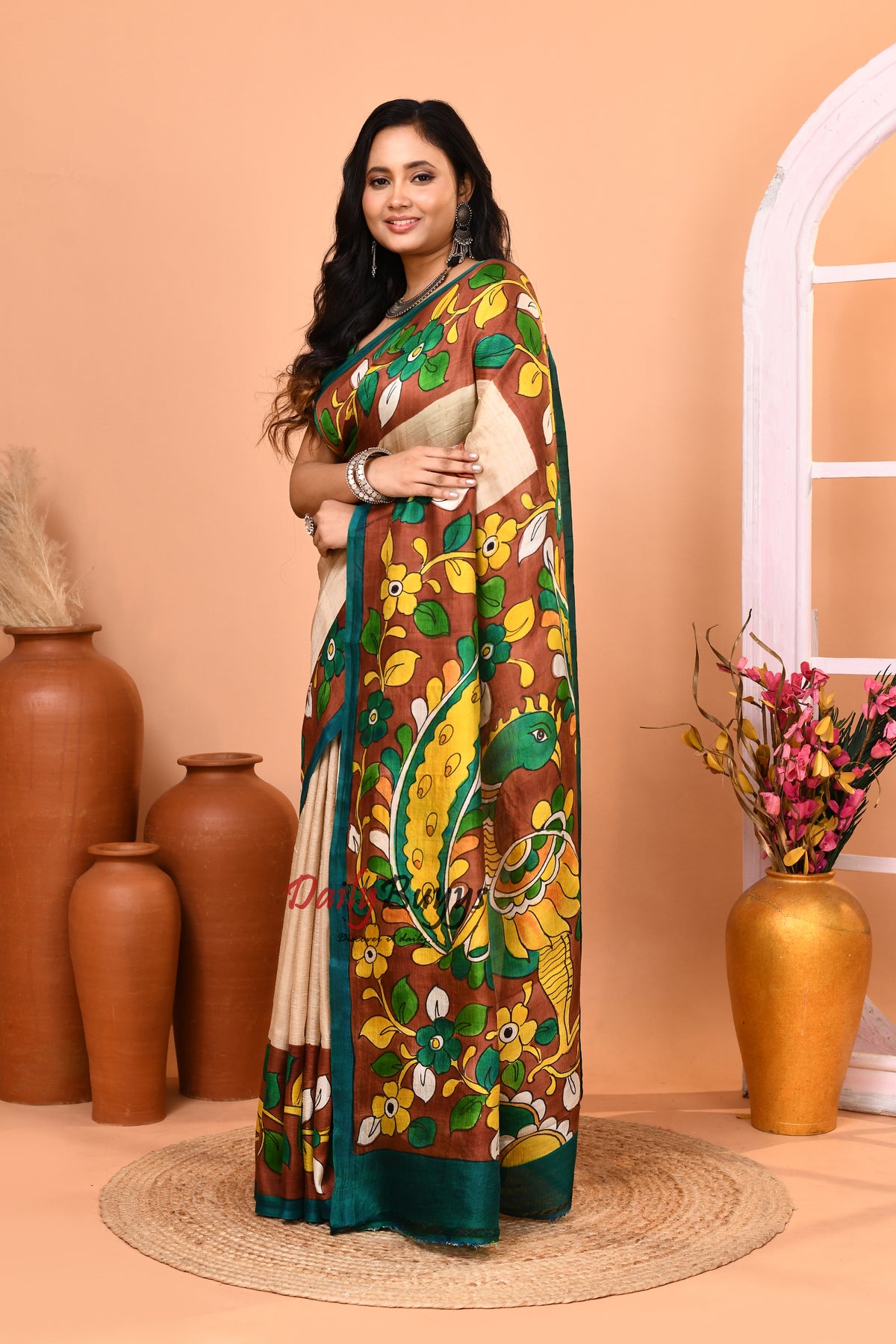 Beige Hand Pinted Kalamkari Design Pure Silk Mark Certified Kalamkari Bishnupuri Silk Sarees