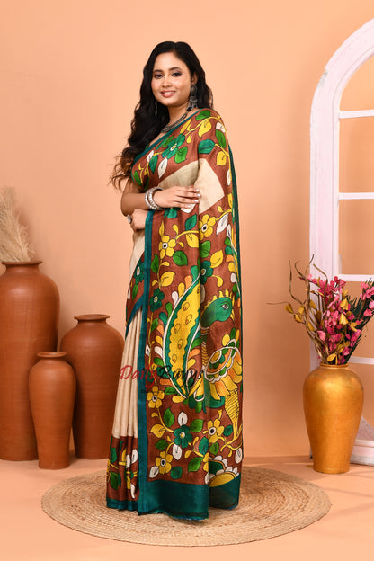 Beige Hand Pinted Kalamkari Design Pure Silk Mark Certified Kalamkari Bishnupuri Silk Sarees