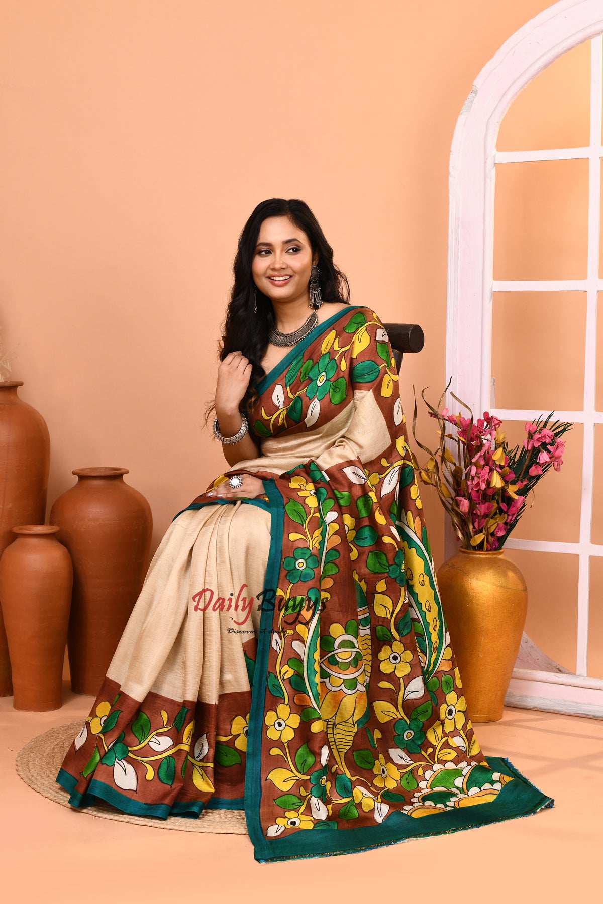 Beige Hand Pinted Kalamkari Design Pure Silk Mark Certified Kalamkari Bishnupuri Silk Sarees