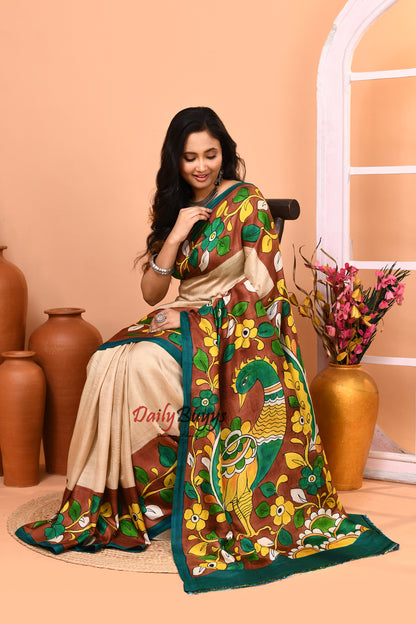 Beige Hand Pinted Kalamkari Design Pure Silk Mark Certified Kalamkari Bishnupuri Silk Sarees