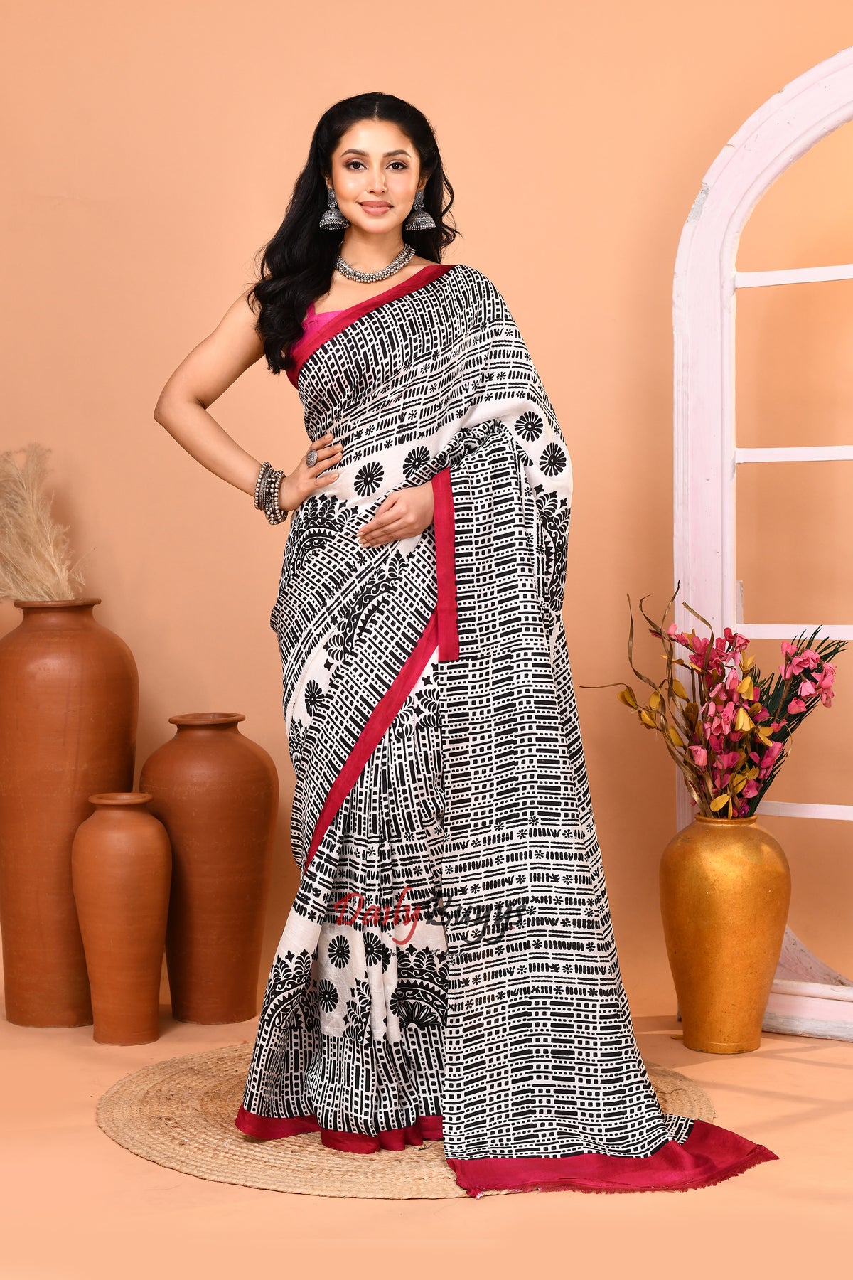 Grey Black Beige Block Printed Pure Silk Mark Certified Bishnupuri Silk Sarees