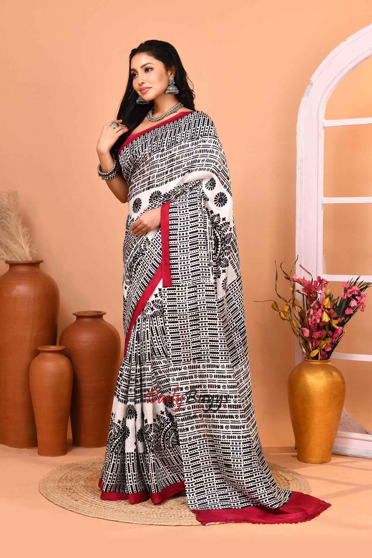 Grey Black Beige Block Printed Pure Silk Mark Certified Bishnupuri Silk Sarees