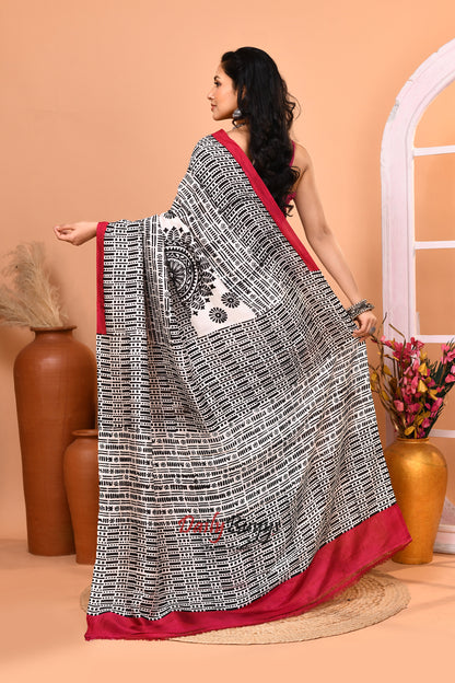 Grey Black Beige Block Printed Pure Silk Mark Certified Bishnupuri Silk Sarees