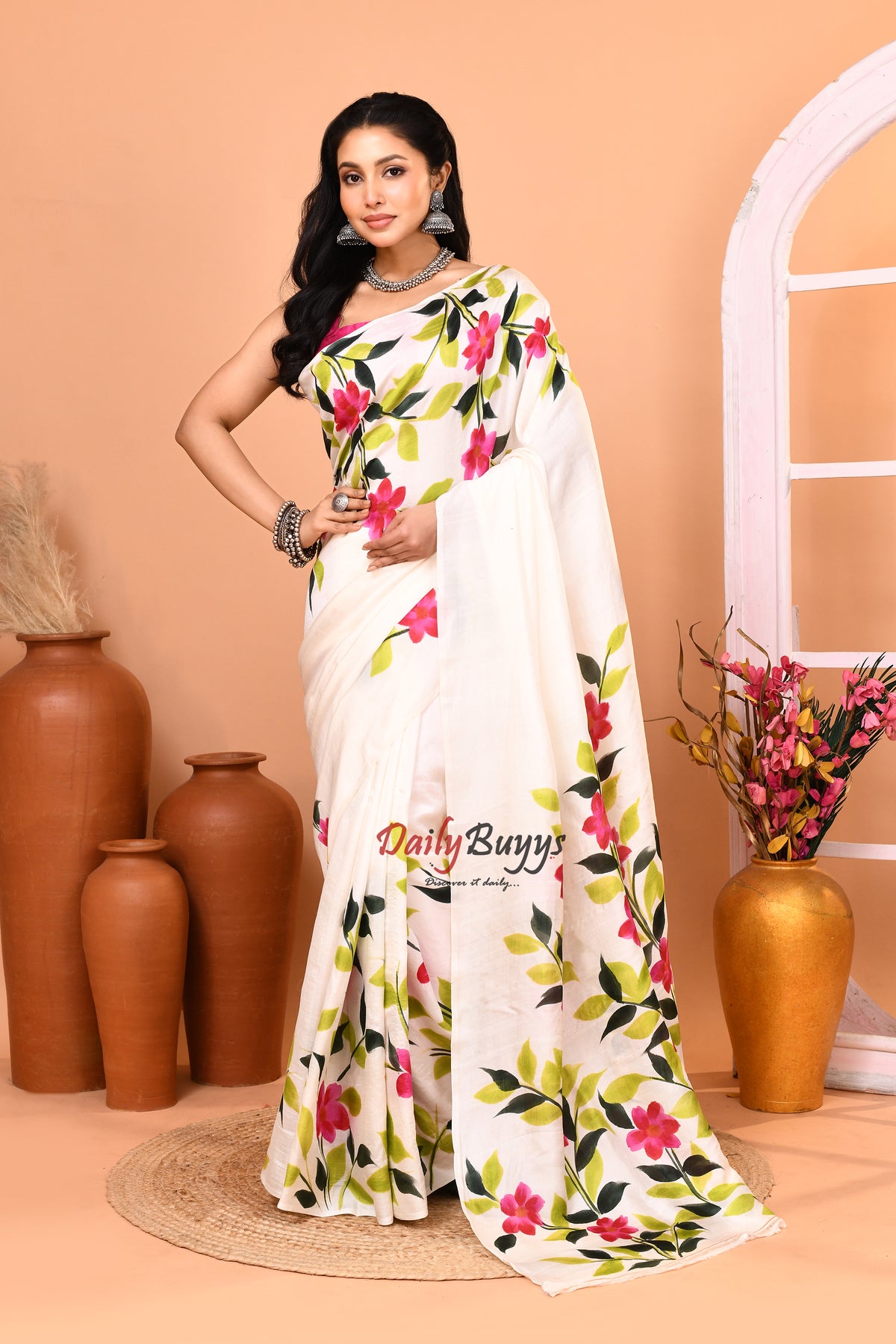 White Pink Floral Hand Painted Pure Silk Mark Certified Bishnupuri Silk Sarees