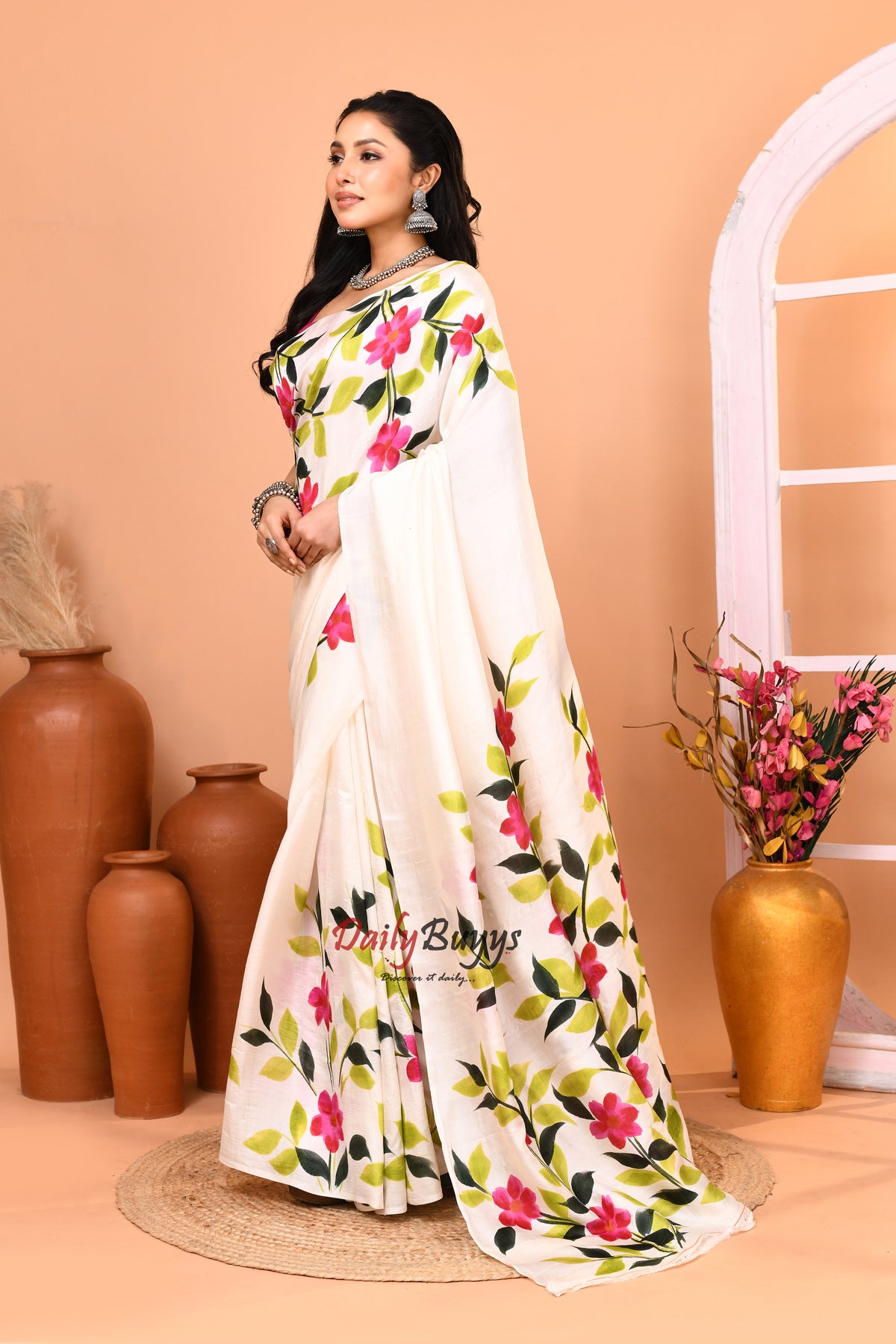White Pink Floral Hand Painted Pure Silk Mark Certified Bishnupuri Silk Sarees