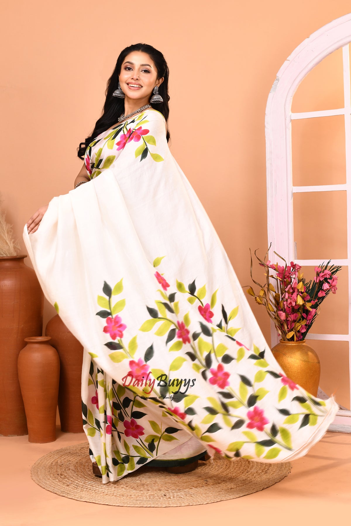 White Pink Floral Hand Painted Pure Silk Mark Certified Bishnupuri Silk Sarees