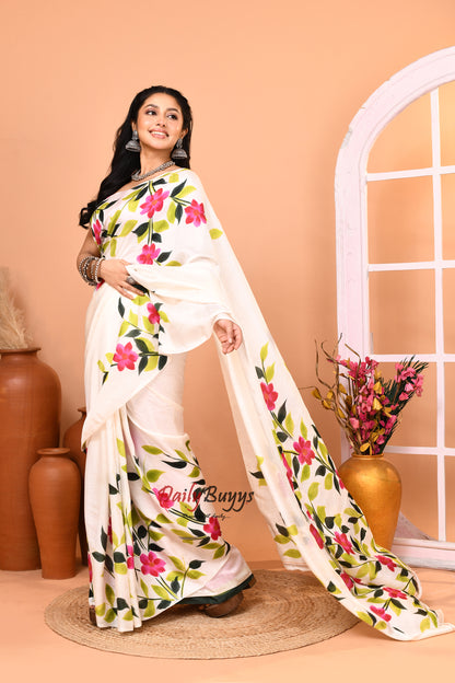 White Pink Floral Hand Painted Pure Silk Mark Certified Bishnupuri Silk Sarees