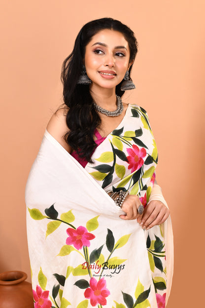 White Pink Floral Hand Painted Pure Silk Mark Certified Bishnupuri Silk Sarees