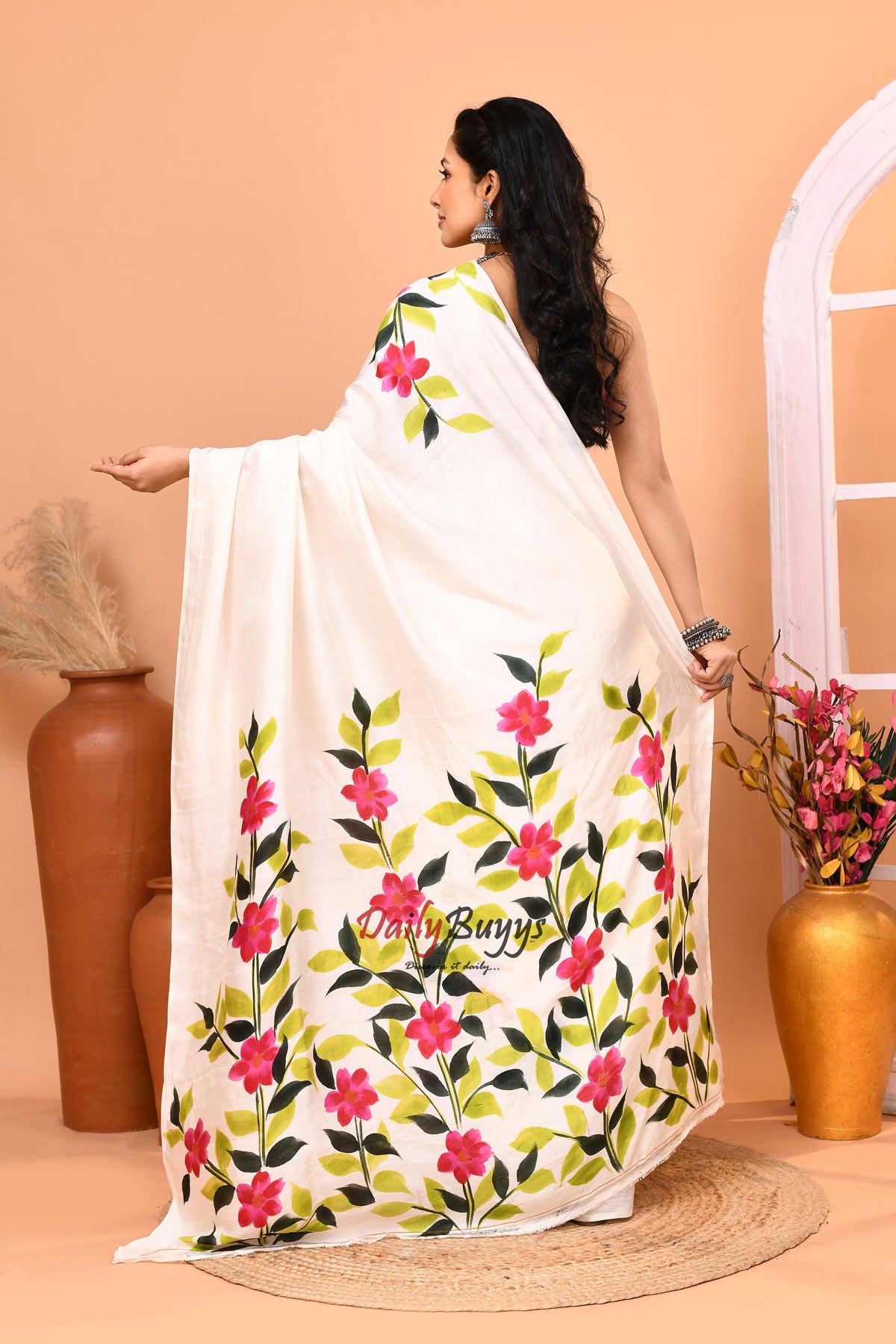 White Pink Floral Hand Painted Pure Silk Mark Certified Bishnupuri Silk Sarees