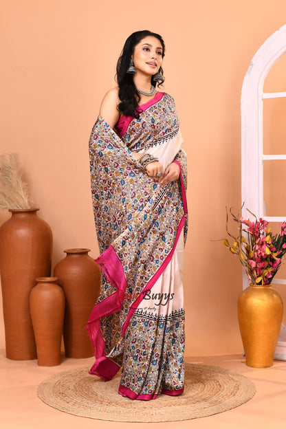 Multicoloured Floral  Silk Mark Certified Block Printed Bishnupuri Pure Silk Sarees