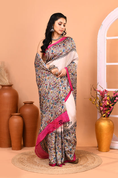 Multicoloured Floral  Silk Mark Certified Block Printed Bishnupuri Pure Silk Sarees