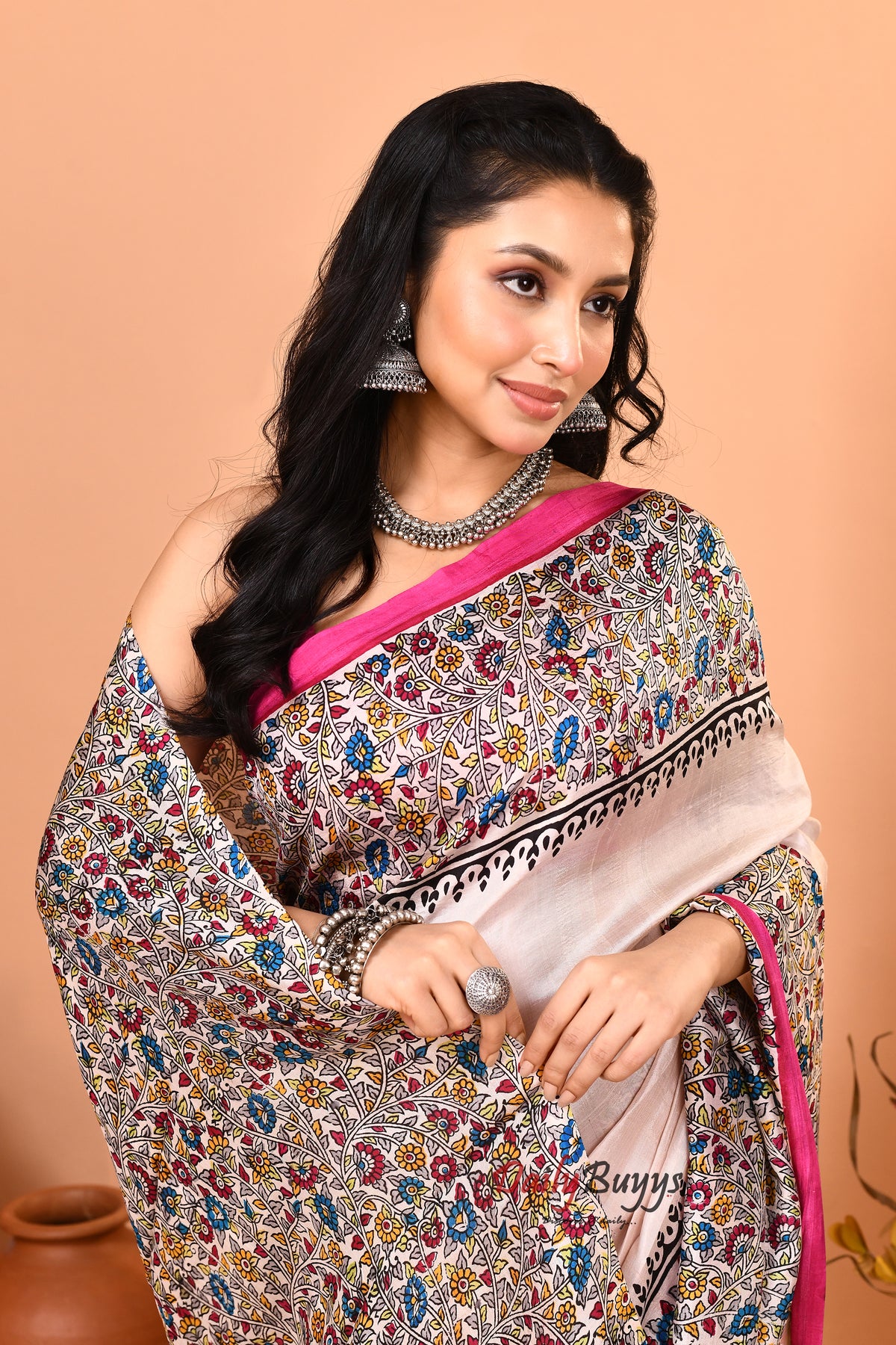 Multicoloured Floral  Silk Mark Certified Block Printed Bishnupuri Pure Silk Sarees
