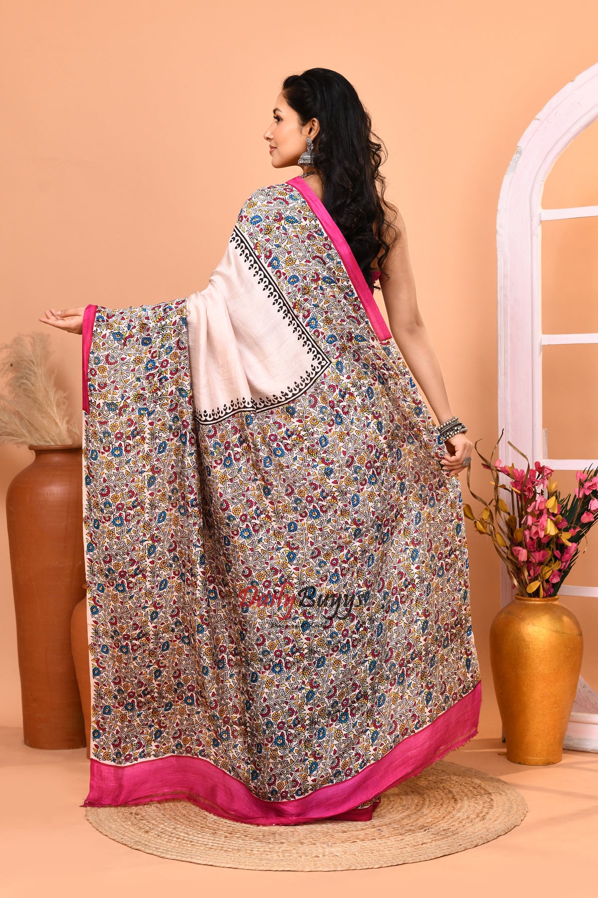 Multicoloured Floral  Silk Mark Certified Block Printed Bishnupuri Pure Silk Sarees
