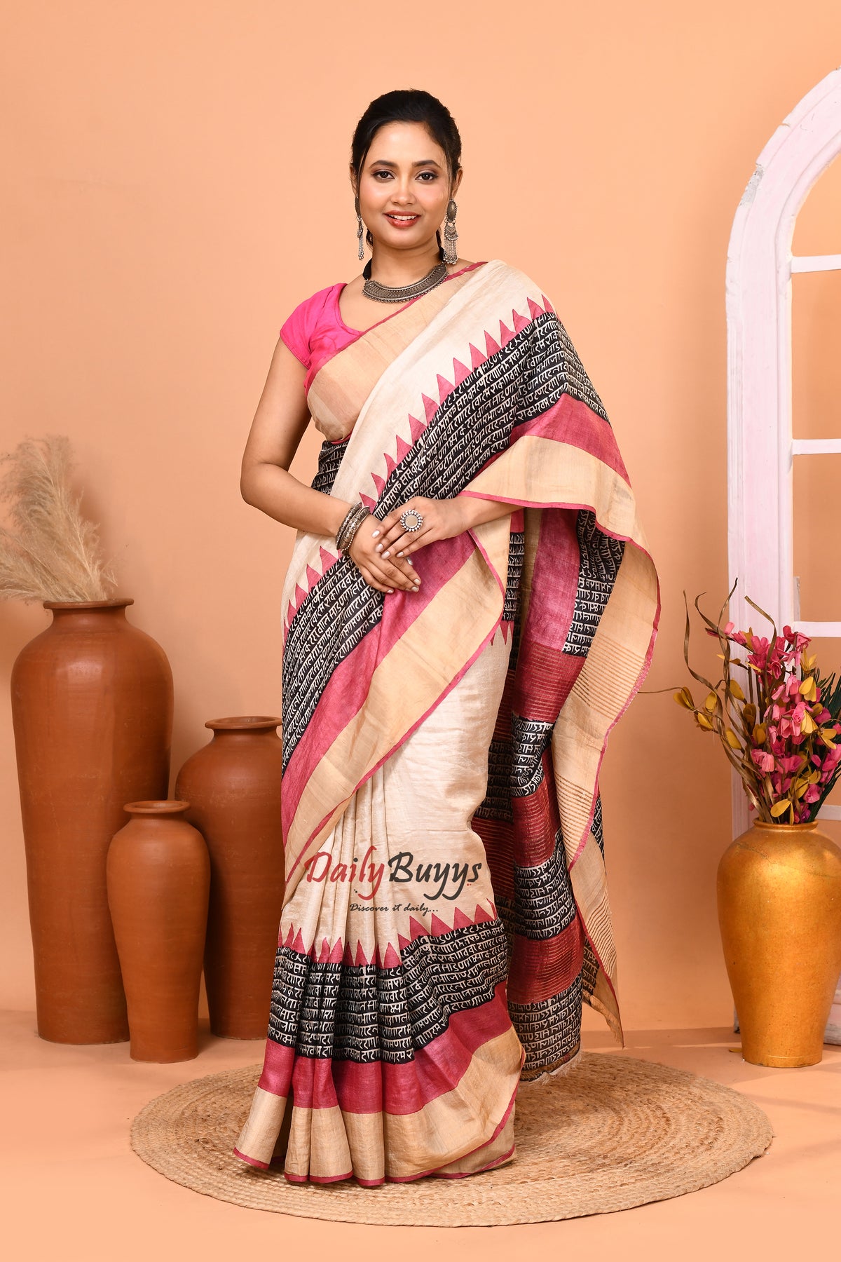 Beige Zari Border Pure Silk Mark Certified Tussar Silk Sarees