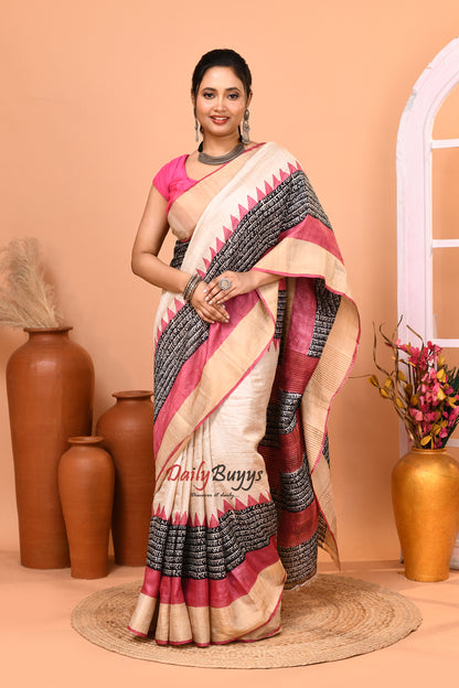 Beige Zari Border Pure Silk Mark Certified Tussar Silk Sarees